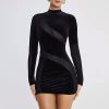 Women’s dresses female long sleeve Bodycon short black velvet mesh see through sexy elegant woman dress