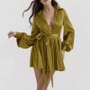 2024 Deep V Neck puff sleeves elastic satin silk shirt Pleated short dress belted women’s casual dresses