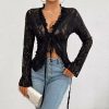 2024 summer outfits see through mesh shirt tops v neck long sleeve sexy lace top