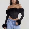 Long sleeve fur collar fishbone off shoulder corset de mujer femme tops