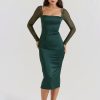 2024 dark green satin square neck long sleeve backless bodycon midi women evening dresses for special occasions